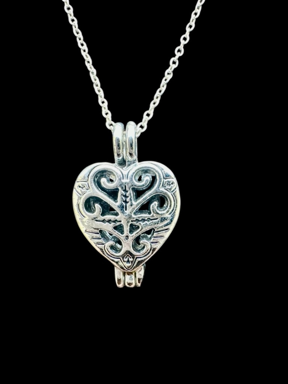 Silver Tone Vintage Filigree Heart Locket on 925 Sterling Silver Chain